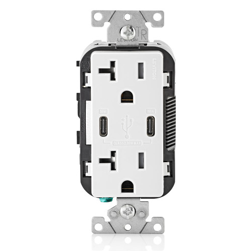 Leviton T5835-W 30W (6A) USB Dual Type-C/C Power Delivery Wall Outlet Charger with 20A Tamper-Resistant Outlet