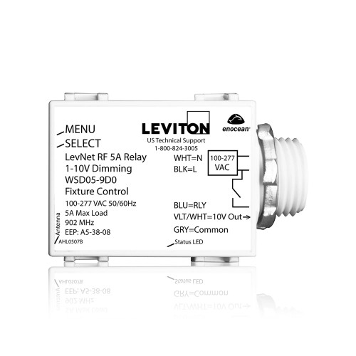 Leviton WSD05-9D0 LevNet RF 902MHz Wireless 5A Relay 1-10V Dimming Fixture Controller, 100-277V