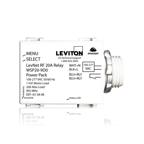 Leviton WSP20-9D0 LevNet RF 902 MHz Line Voltage Relay Receiver, 100-277V, 50/60 Hz