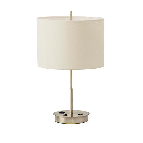 Majestic Lighting TL1126 Satin Nickle Round Table Lamp with 1 x CLEANLIFE¨ E26 100W Equiv. Non-dimmable 120V A19 LED Bulb (included); 96_ clear cord with on/off rocker switch, built-in outlet and 2 x USB ports on the fixture base.