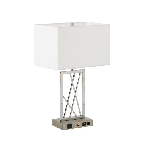 Majestic Lighting TL1114 Satin Nickel & Chrome Square Table Lamp with 2 x CLEANLIFE¨ E26 75W Equiv. Non-dimmable 120V A19 LED Bulb (included); 96_ clear power cord with rotary on/off switch, built-in outlet and 2 x USB ports on the fixture base.