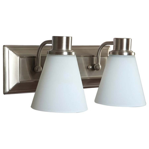 Arkansas Lighting 3389V Two light Brushed Nickel Vanity with cone shaped White Frosted Glass diffusers