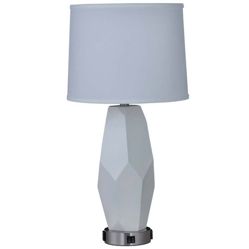 Arkansas Lighting White Table Lamp with Geometric Base 28" Table Lamp shown in White Resin and Brushed Nickel with geometric frame and a dual medium base socket