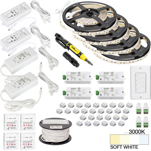 65 Ft., 225 Lumens/Ft. 12-volt Standard Output Quattro Wireless Controller Tape Light Kit, 4 Zone 4 Area, Single-White, SoFt. White 3000K | L-VK4Z4A-65-30 | Task Lighting