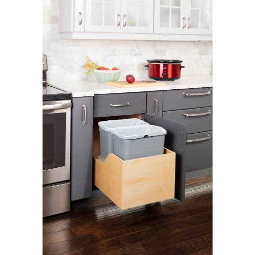 Hardware Resources CAN-WBMD3518G Double 35 Quart Wood Bottom-Mount Soft-close Trashcan Rollout for Hinged Doors, Includes Two Grey Cans