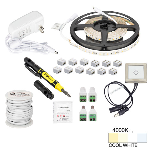 Task Lighting L-RTDK-16-40 16 Ft., 120 Lumens/Ft. 12-volt Accent Output Touch Dimmer Switch Tape Light Kit, Single-White, Cool White 4000K