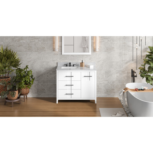 42" White Katara Vanity, left offset, White Carrara Marble Vanity Top, undermount rectangle bowl | VKITKAT42WHWCR | Jeffrey Alexander