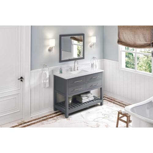 48" Grey Wavecrest Vanity, White Carrara Marble Vanity Top, undermount rectangle bowl | VKITWAV48GRWCR | Jeffrey Alexander