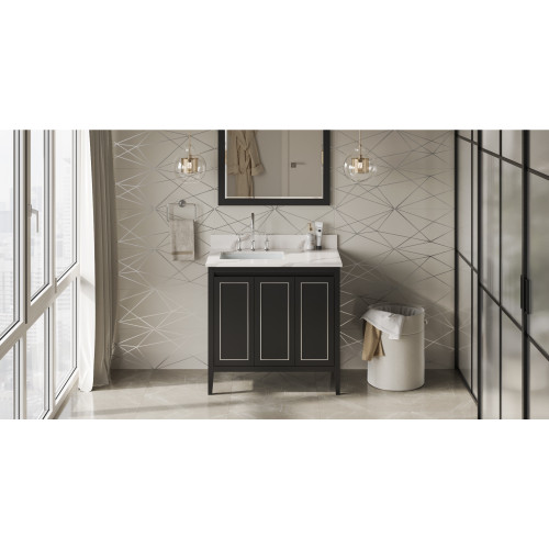 36" Black Percival Vanity, left offset, Calacatta Vienna Quartz Vanity Top, undermount rectangle bowl | VKITPER36BKCQR | Jeffrey Alexander