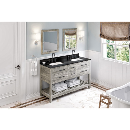 60" Weathered Grey Wavecrest Vanity, double bowl, Black Granite Vanity Top, two undermount rectangle bowls | VKITWAV60WGBGR | Jeffrey Alexander