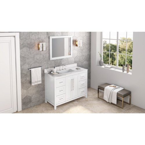 48" White Cade Vanity, Calacatta Vienna Quartz Vanity Top, undermount rectangle bowl | VKITCAD48WHCQR | Jeffrey Alexander