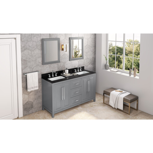 60" Grey Cade Vanity, double bowl, Black Granite Vanity Top, undermount rectangle bowl | VKITCAD60GRBGR | Jeffrey Alexander