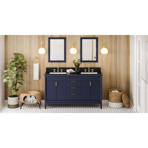 60" Hale Blue Theodora Vanity, double bowl, Black Granite Vanity Top, two undermount rectangle bowls | VKITTHE60BLBGR | Jeffrey Alexander