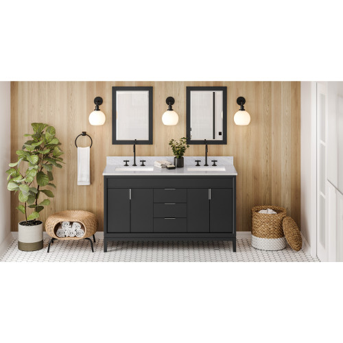 60" Black Theodora Vanity, double bowl, White Carrara Marble Vanity Top, two undermount rectangle bowls | VKITTHE60BKWCR | Jeffrey Alexander