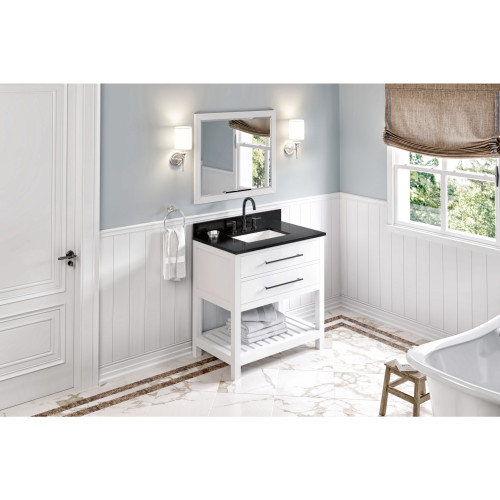 36" White Wavecrest Vanity, Black Granite Vanity Top, undermount rectangle bowl | VKITWAV36WHBGR | Jeffrey Alexander