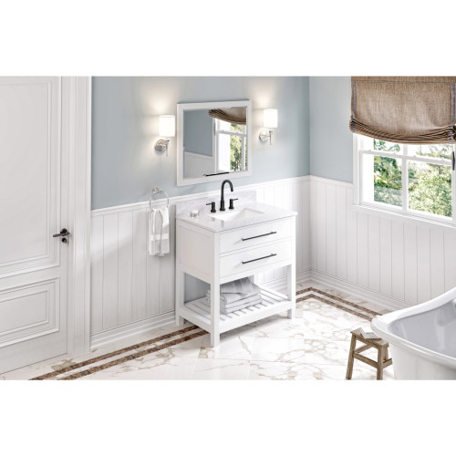 36" White Wavecrest Vanity, White Carrara Marble Vanity Top, undermount rectangle bowl | VKITWAV36WHWCR | Jeffrey Alexander