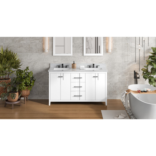 60" White Katara Vanity, double bowl, White Carrara Marble Vanity Top, two undermount rectangle bowls | VKITKAT60WHWCR | Jeffrey Alexander