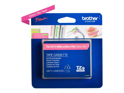 Brother BRTTZEMQP35 BROTHER 1/2" TZE TAPE 12MM WHITE ON BERRY PINK