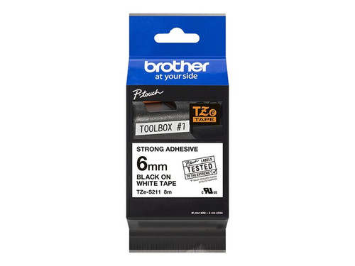 Brother BRTTZES211 BROTHER 1/4" TZE TAPE 6MM BLK ON WHITE ADHSV