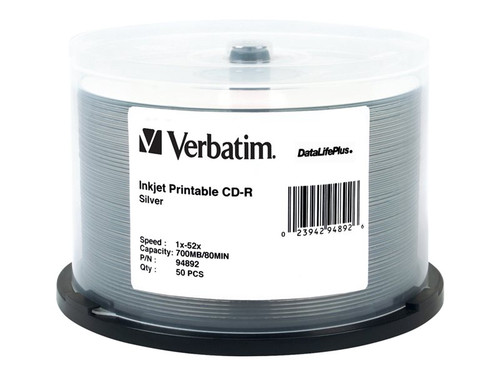 Verbatim VER94892 VERBATIM CD-R DL+ INKJET 50PK 700MB/52X SPIN-SLVR