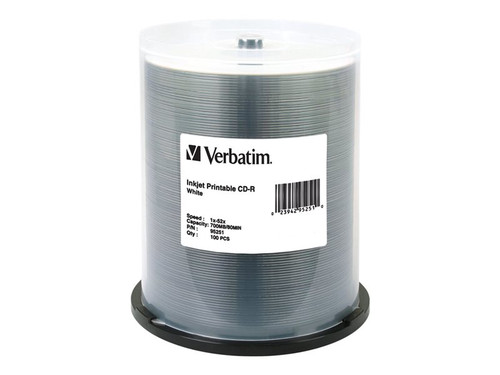 Verbatim VER95251 VERBATIM CD-R INKJET 100PK 700MB/52X SPIN-WHT