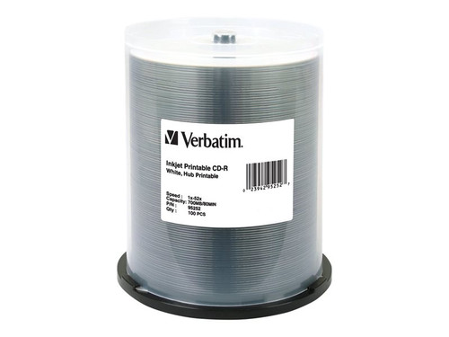 Verbatim VER95252 VERBATIM CD-R INKJET HUB 100PK 700MB/52X SPIN-WHT