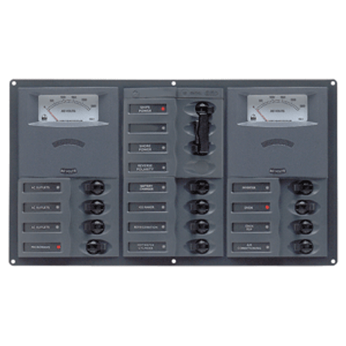 BEP AC Circuit Breaker Panel w/Analog Meters, 12SP 2DP AC230V Stainless Steel Horizonal 900-AC3-AM