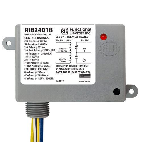 Functional Devices RIB2401B Power Relay, 20 Amp SPDT, 24 Vac/dc/120 Vac Coil, NEMA 1 Housing