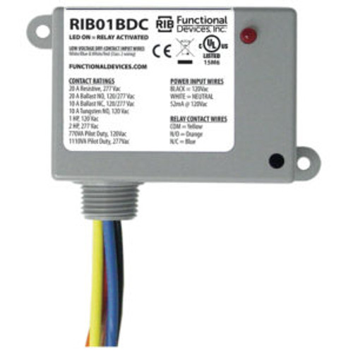 Functional Devices RIB01BDC Dry Contact Relay, 20 Amp SPDT, Class 2 Dry Contact Input, 120 Vac Power Input, NEMA 1 Housing