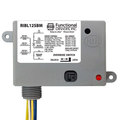 Functional Devices RIBL12SBM Mechanically Latching Relay, 20 Amp SPST + True Override, 12 Vac/dc Coil, Status LED, Auxiliary Output, NEMA 1 Housing