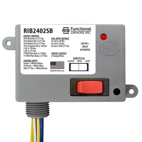 Functional Devices RIB2402SB Power Relay, 20 Amp SPST-N/O + Override, 24 Vac/dc/208-277 Vac Coil, NEMA 1 Housing