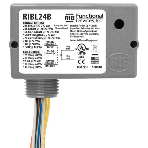 Functional Devices RIBL24B Mechanically Latching Relay, 20 Amp SPST, 24 Vac/dc Coil, NEMA 1 Housing
