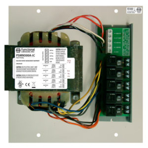 Functional Devices PSMN500A-IC 500 VA Power Supply, UL508, Five 100 VA Class 2 Outputs, 480/277/240/120 Vac to 24 Vac, Polymetal Subpanel Pre-Mounted