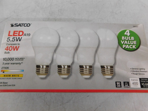 Satco 5.5W/A19/LED/2700K/ND/120V/4PK Miniature and Specialty Bulbs LED 4 Pack 40W 4BOX