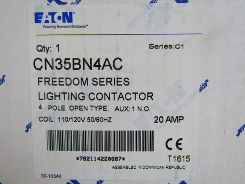 Eaton CN35BN4AC Lighting Contactor Electrically Held 4P 20A 120V 50/60Hz 1NO Open