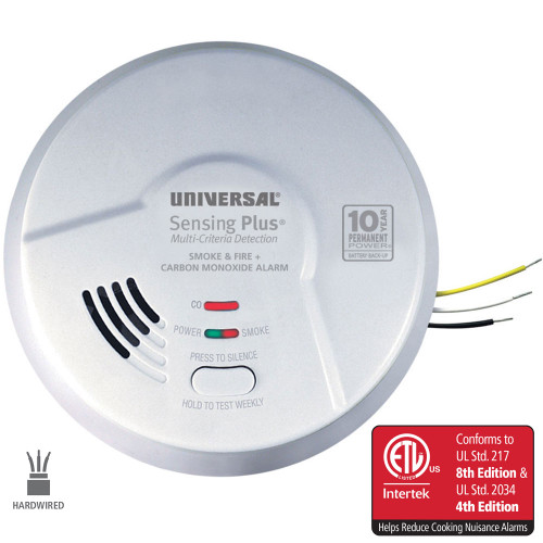 Sensing Plus AMIC1510SC Multi Criteria Hardwired Combo Smoke, Fire & Carbon Monoxide Alarm With 10 Year Battery Backup