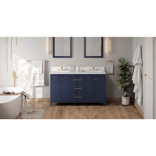 60" Hale Blue Katara Vanity, double bowl, White Quartz Vanity Top, two undermount rectangle bowls | VKITKAT60BLWQR | Jeffrey Alexander