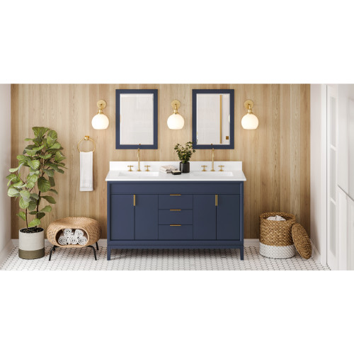 60" Hale Blue Theodora Vanity, double bowl, White Quartz Vanity Top, two undermount rectangle bowls | VKITTHE60BLWQR | Jeffrey Alexander