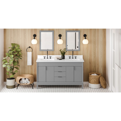 60" Grey Theodora Vanity, double bowl, White Quartz Vanity Top, two undermount rectangle bowls | VKITTHE60GRWQR | Jeffrey Alexander