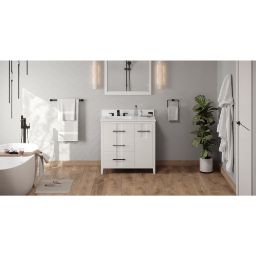 36" White Katara Vanity, left offset, White Quartz Vanity Top, undermount rectangle bowl | VKITKAT36WHWQR | Jeffrey Alexander
