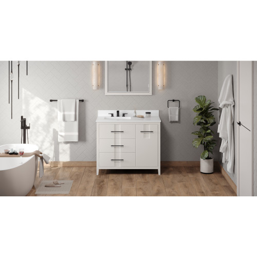 42" White Katara Vanity, left offset, White Quartz Vanity Top, undermount rectangle bowl | VKITKAT42WHWQR | Jeffrey Alexander