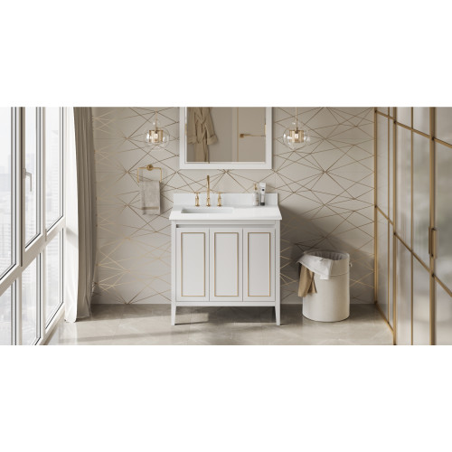 36" White Percival Vanity, left offset, White Quartz Vanity Top, undermount rectangle bowl | VKITPER36WHWQR | Jeffrey Alexander