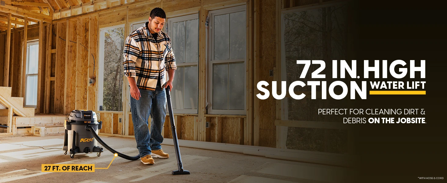 A man uses the vacuum at a construction site. Text about 72" high suction water lift.