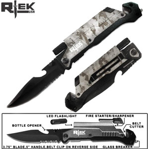 RTEK Spring Assisted Open Pocket Folding Blade Knife + Fire Starter + LED + Opener + Breaker - Camo RTEK Spring Assisted Open Pocket Folding Blade Knife + Fire Starter + LED + Opener + Breaker - Camo