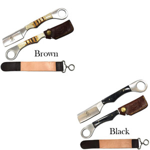 8" Bone Collector Straight Blade Razor Knife w/ Leather Strop + Sheath - Brown or Black 8" Bone Collector Straight Blade Razor Knife w/ Leather Strop + Sheath - Brown or Black