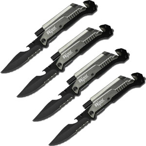 Lot of 4 Rtek 9" Inch Spring Assisted Survival 7 in 1 Rescue Pocket Knife Grey Lot of 4 Rtek 9" Inch Spring Assisted Survival 7 in 1 Rescue Pocket Knife Grey