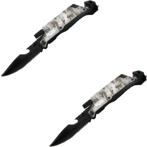 Pair of Rtek 9" Inch Spring Assisted Survival 7 in 1 Rescue Pocket Knife - Camo