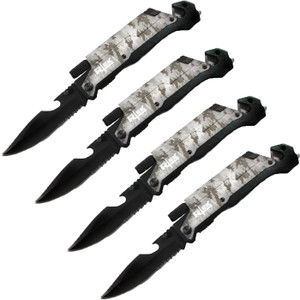 Lot of 4 9" Inch Spring Assisted Survival 7 in 1 Rescue Pocket Knife - Camo