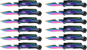 Lot of 12 9 Inch Spring Assisted Survival 7 in 1 Rescue Pocket Knife Technicolor