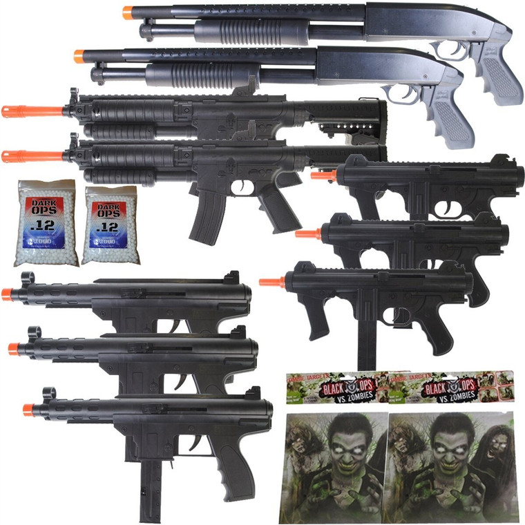 10 GUN AIRSOFT PACKAGE 6mm Airsoft Pistols Shotguns Rifles + Zombie Targets BBs